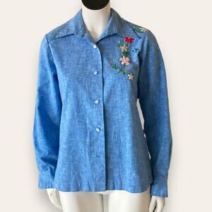 Blue Floral Embroidered Button Down Shirt Upcycled Chambray 70s inspo boho retro